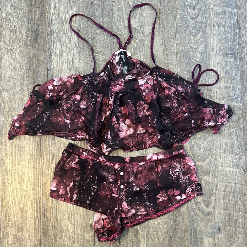 Free People Purple and Pink Pajama Set with Ruffled Design